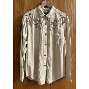 VTG Monique Fashions Wms Shirt Sz 14 XL 80s Ivory Denim Studded Cowgirl Bling